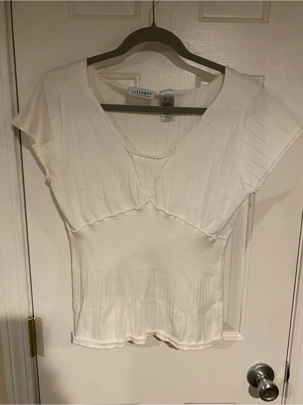 villager Cream Ribbed V-Neck Short Sleeve Knit Top